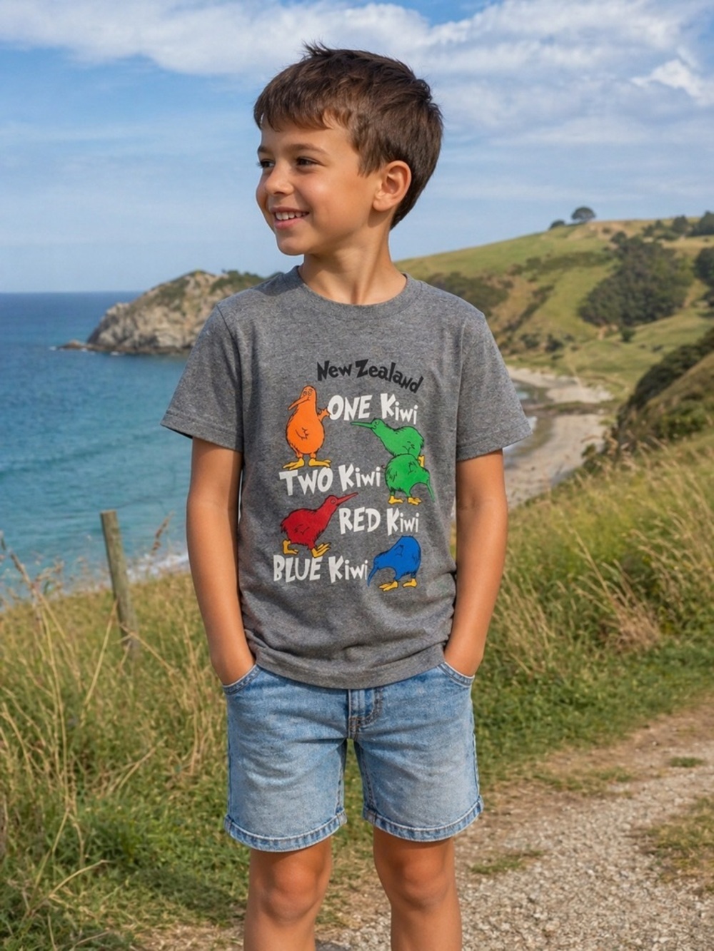 Kiwi Bird Graphic Tee Kids Size 8 Grey Colorful Dr Seuss Style New Zealand Shirt
